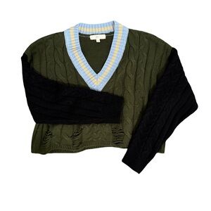 Olive and Navy Distressed Cropped V-Neck Cable Knit Sweater
